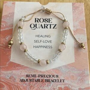 Rose Quartz Gold Adjustable bolo type Bracelet. NWT Promotes happiness, healing
